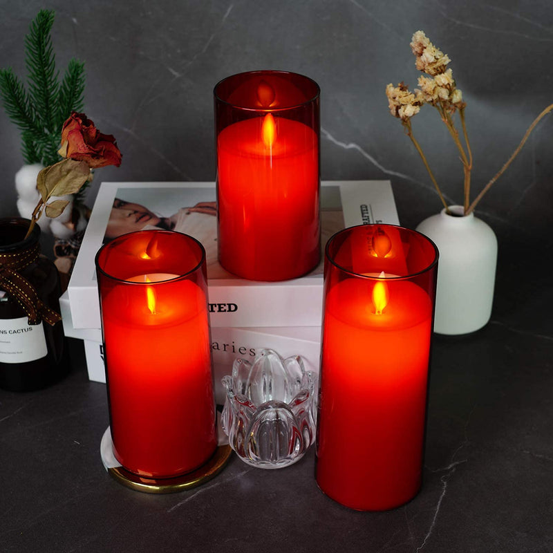 Homemory Red Flickering Flameless Candles, Battery Operated Acrylic LED Pillar Candles with Remote Control and Timer, Set of 3 - PawsPlanet Australia