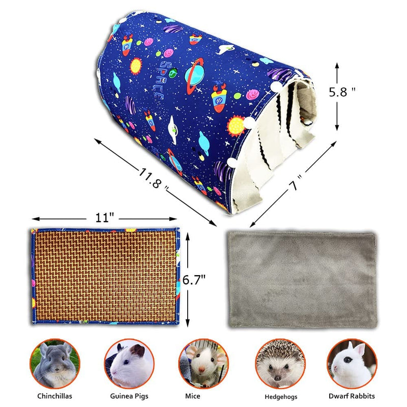 GINIDEAR Guinea Pig Hideout Tunnel Toys Accessories Small Animal Tunnel for Chinchillas, Hedgehogs, Rats and Dwarf Rabbits with Fleece Forest Curtains and Detachable Mats 11" x 7.5" x 6" Blue Space - PawsPlanet Australia