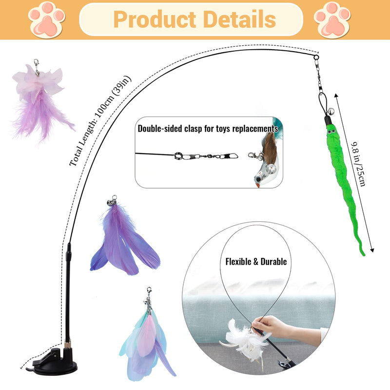 Jetczo Cat Feather Toys, Interactive Cat Toy with Super Suction Cup Detachable 5 PCS Feather Replacements with Bell, 2 Wand Cat Spring Feather Toys for Indoor Cats Kitten Play Chase Exercise Set 1 - PawsPlanet Australia