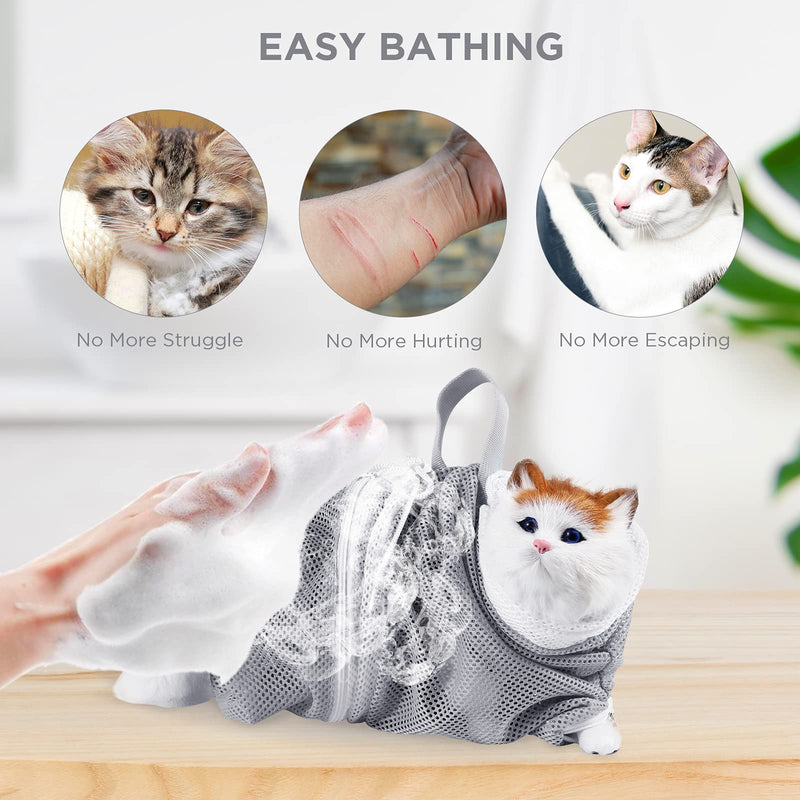 TRYAH Cat Shower Net Bag Puppy Dog Cleaning Shower Bag Adjustable Breathable Mesh Anti-Bite and Anti-Scratch Restraint Bag for Bathing, Nail Trimming, Pet Examining Grey and Green - PawsPlanet Australia