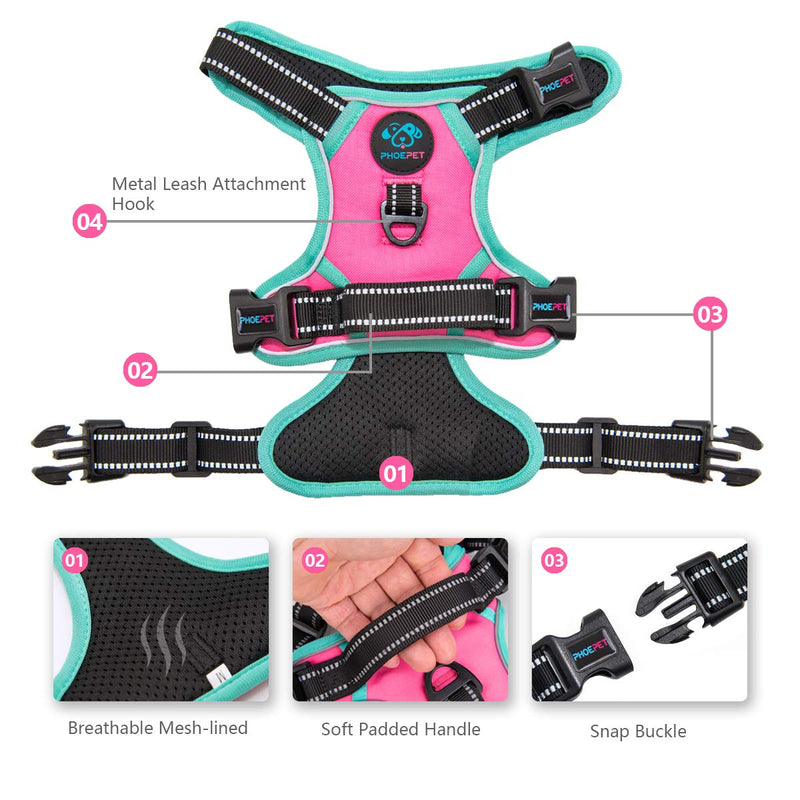 PHOEPET 2019 Upgraded No Pull Dog Harness, Unique Colors Reflective Adjustable Vest, with a Training Handle + 2 Metal Leash Hooks+ 3 Snap Buckles +4 Slide Buckles [Easy to Put on & Take Off] XS Pink - PawsPlanet Australia