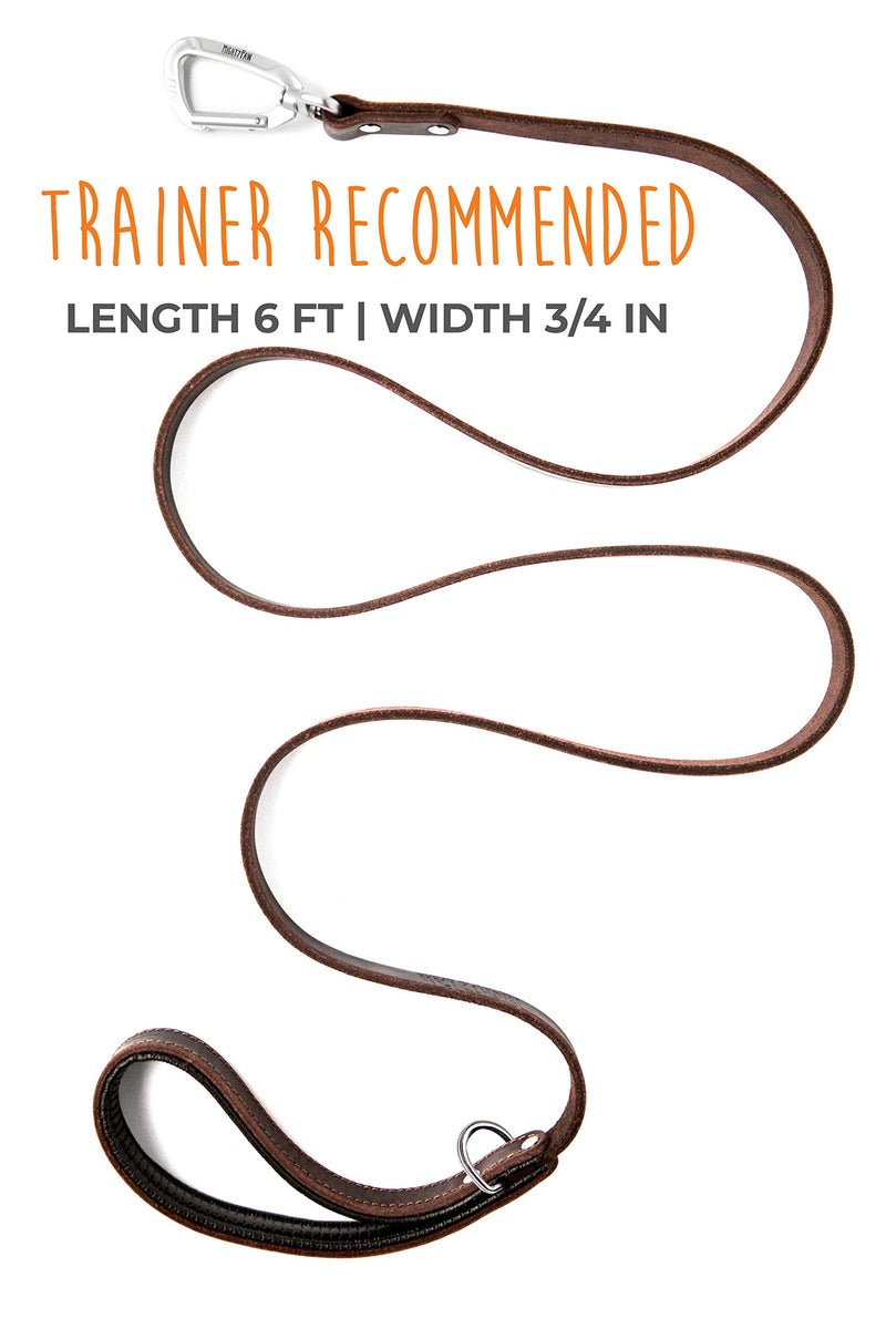 [Australia] - Mighty Paw Leather Dog Leash | 6 Ft Leash. Super Soft Padded Handle Leather Lead with Extra D-Ring for Waste Bags. Strong Climbers Clip, Perfect Medium and Large Dog Leash. (Brown) Brown 