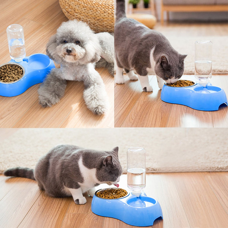 [Australia] - UEETEK Dual Pets Bowls,Detachable Stainless Steel Dog Bowl with Non-slip No Spill Base,Pets Food Water Bowl Feeder with Automatic Water Bottle for Small Medium Dogs Cats 