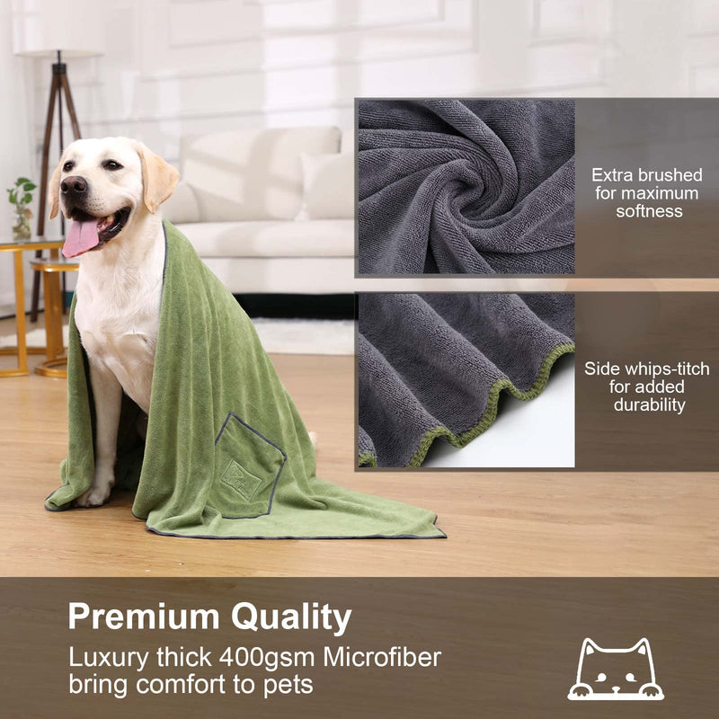 PETTOM 2 pieces dog towel microfiber extra absorbent, dog towels with pockets, quick-drying, bath towel for dogs and cats 90 * 50cm, gray & green 90 * 50cm gray + green - PawsPlanet Australia