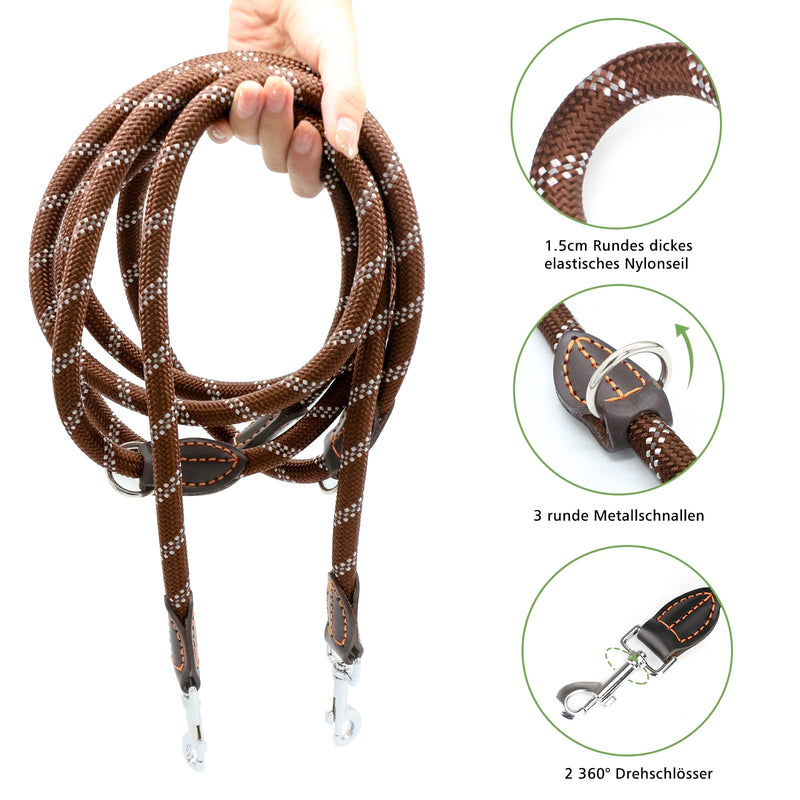 Dog leash for large and medium dogs - Adjustable double nylon leash with 2 snap hooks and 3 rings - 3m x 15mm - Brown - PawsPlanet Australia