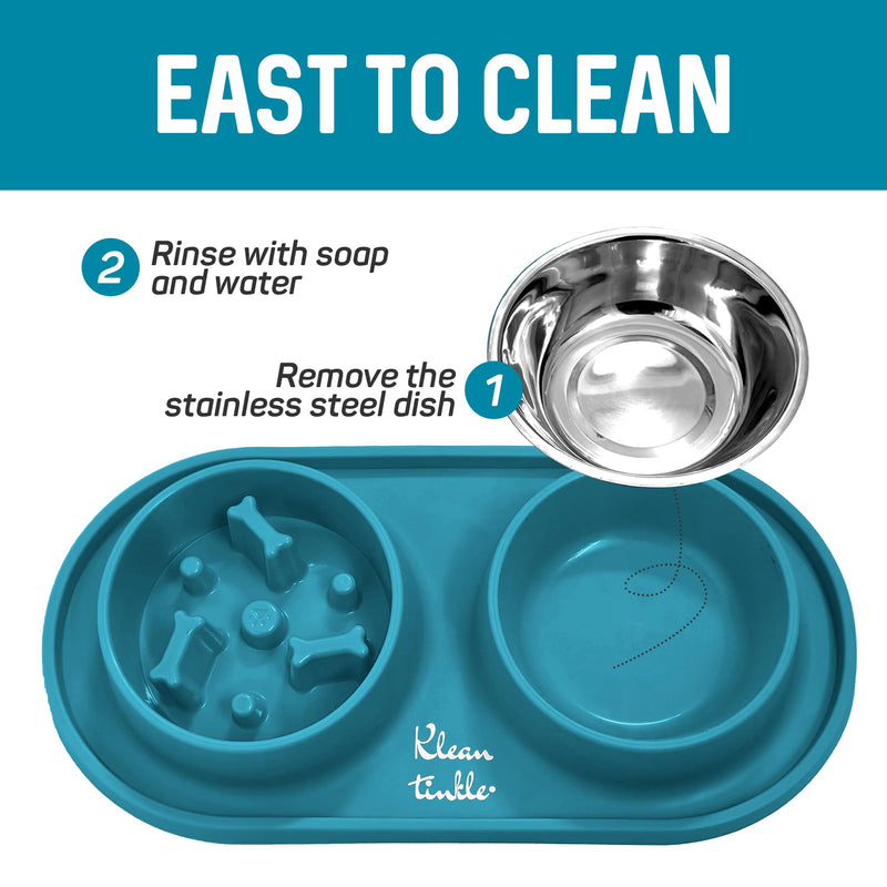 Pets Dog Bowl Set - Anti Skid Removable Double Slow Feeder Dog Bowls with Non Skid Silicone Mat - Stainless Steel Dog Water Bowl for Cats & Pets –A Beautiful Dirty Blue Color - PawsPlanet Australia