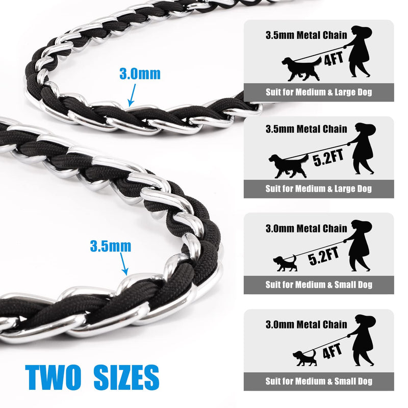 Chain Dog Leash Chew Proof Metal Leash for Medium Large Dogs, Chain Link Dog Leash Anti Chew 4FT Strong Anti Bite Dog Leash Comfortable Soft Padded Handle Black 3.0 4FT(small & medium dogs) - PawsPlanet Australia