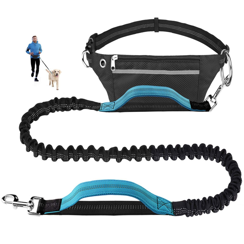 Pet Room jogging leash dogs for running, jogging, hiking. Dog jogging leash with waist belt. Jogging dog leash for large and medium dogs. Elastic and reflective running leash black/blue (waist belt with integrated pack) - PawsPlanet Australia