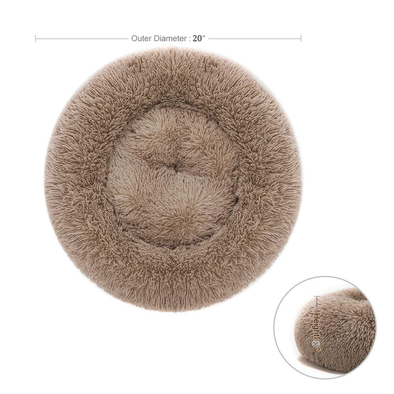 [Australia] - SAVFOX Long Plush Comfy Calming & Self-Warming Bed for Cat & Dog, Anti Anxiety, Furry, Soothing, Fluffy, Washable, Abbyspace, Marshmellow Pet Donut Bed S(20''D×8''H) Brown 