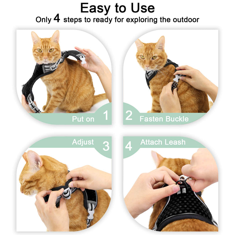 Cat Harness and Leash Escape Proof Cat Harness for Cats, Adjustable Cat Leash and Harness Set for Cat Walking Harness Cat with Soft Breathable Mesh & Reflective Strip Small (Chest: 13.7" - 16.2") Black - PawsPlanet Australia