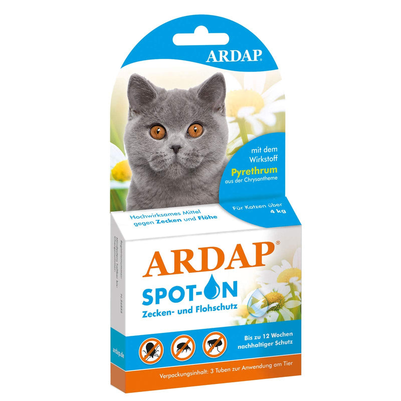 ARDAP Spot On for cats over 4kg - Natural active ingredient - tick treatment for cats, flea treatment for cats, tick protection for cats - 3 tubes 0.8ml each - Up to 12 weeks of sustainable long-term protection for large cats over 4 kg - PawsPlanet Australia