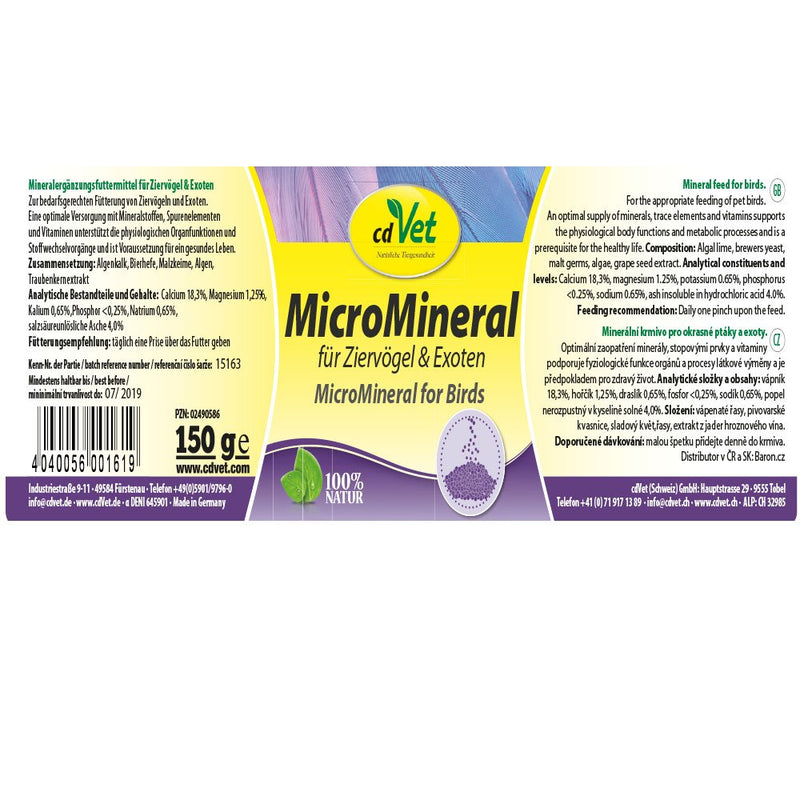 cdVet Naturprodukte MicroMineral for Birds & Exotics 150 g - Vitamin, mineral and trace element donor - mineralization and vitamin coverage - breeding use - metabolism - plumage problems - - PawsPlanet Australia
