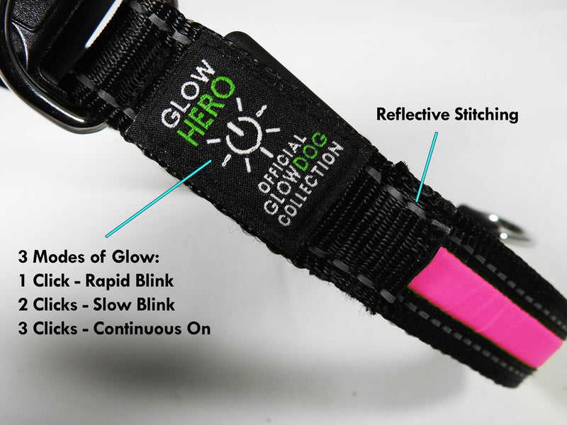 [Australia] - GlowHERO LED Light Up Dog Collar - The Original Glow Collar - High Visibility Durable and Reflective LED Dog Collar w/3 LED Modes Medium (16" - 18.75") Neon Pink 