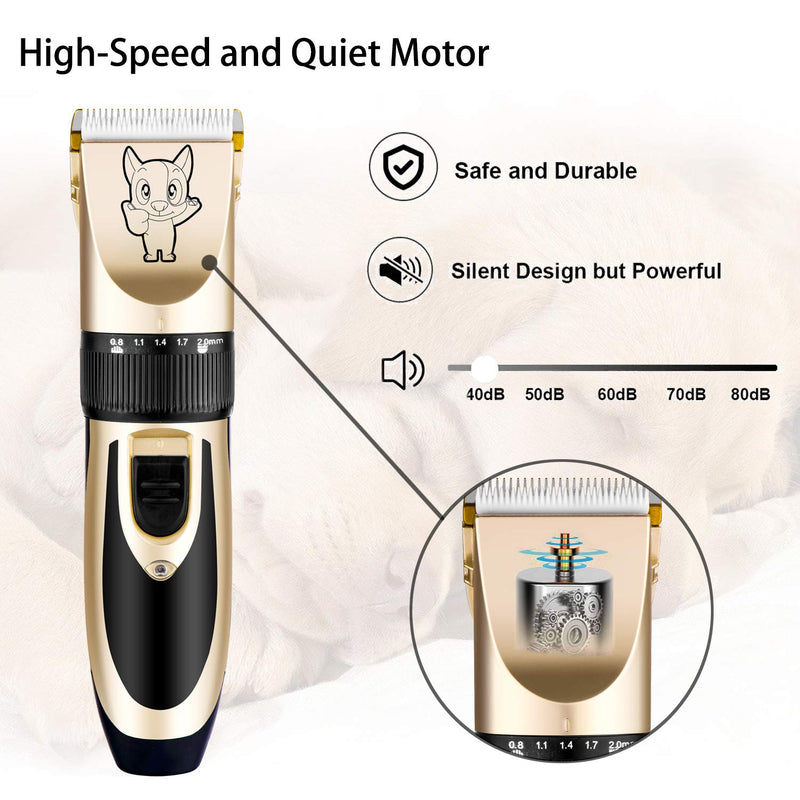Dog Grooming Kit Clippers, Low Noise, Electric Quiet, Rechargeable, Cordless, Pet Hair Thick Coats Clippers Trimmers Set, Suitable for Dogs, Cats, and Other Pets Gold - PawsPlanet Australia