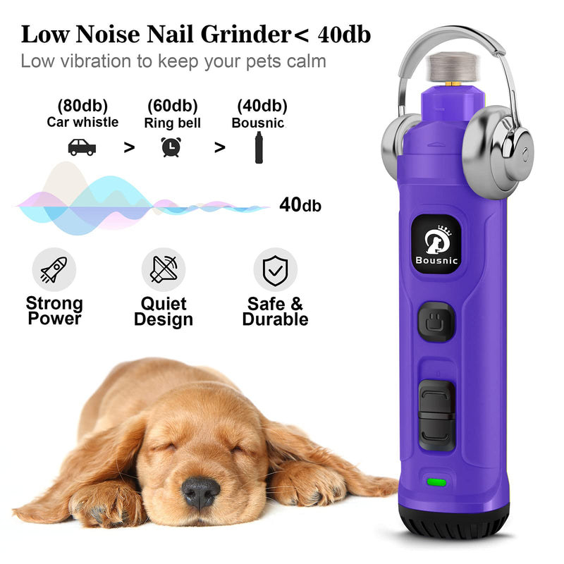 Bousnic Dog Claw Grinder with 2 LED Lights - Quiet, Powerful Electric Toenail Trimmer File with 2 Speeds for Small Medium Dogs and Cats Purple - PawsPlanet Australia