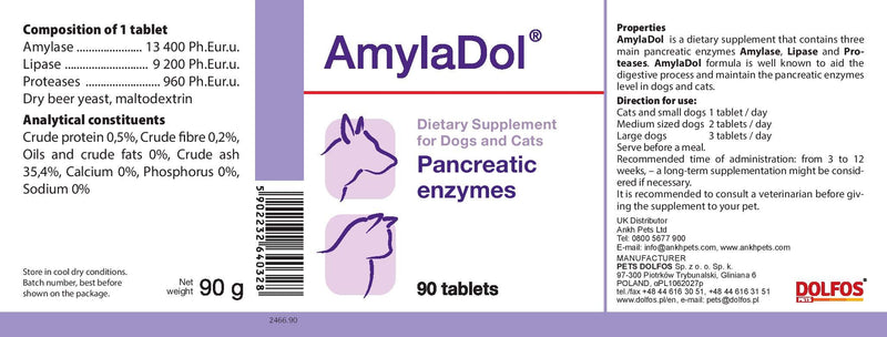 PETS DOLFOS AmylaDol 90 tablets Pancreatic/Digestive Enzymes Amylase, Lipase and Proteases for CATS & DOGS Digestive Aid - PawsPlanet Australia