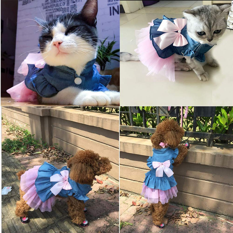 ANIAC Pet Denim Dress with Cute Bow-Knot Comfy Vest Skirt Lace Trim Tutu Summer Spring Clothes for Cats and Small Dogs X-small - PawsPlanet Australia