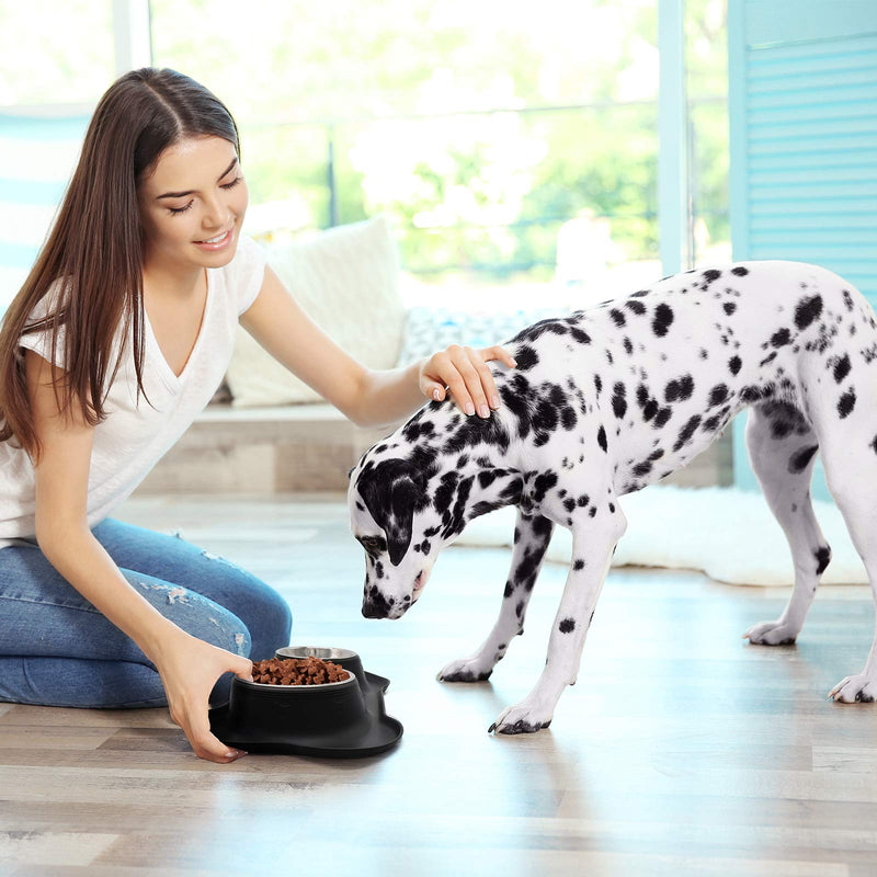 yoka Dog Bowls Non Slip Stainless Steel Double Bowl with Non-Spill Silicone Mats Tray for Cats Dogs Puppies Food Water Feeding (14oz /400ml Each Bowl, Black) - PawsPlanet Australia