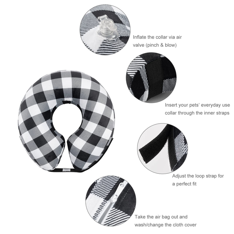 CuteBone Protective Inflatable Collar with 2-Pack Soft Pet Recovery Cone Covers for Small/Medium/Large Dogs and Cats After Surgery Black white plaid+Blue Large - PawsPlanet Australia