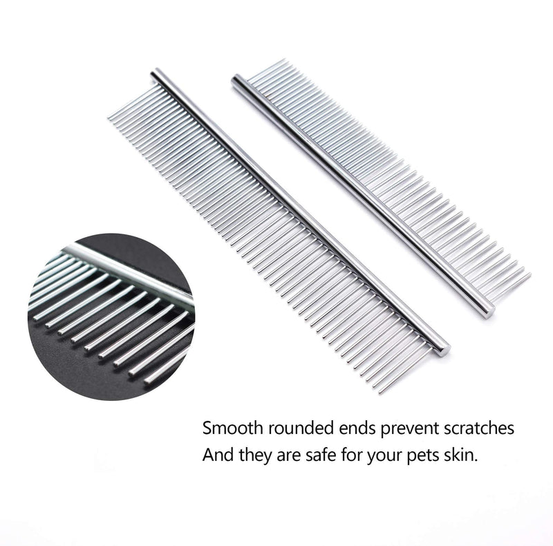 PetQoo Dog Grooming Comb, 2 Pack Metal Dog Comb with Rounded Ends Teeth for Removing Tangles, Mats, Loose Hair for Long and Short Haired Dog Cat - PawsPlanet Australia