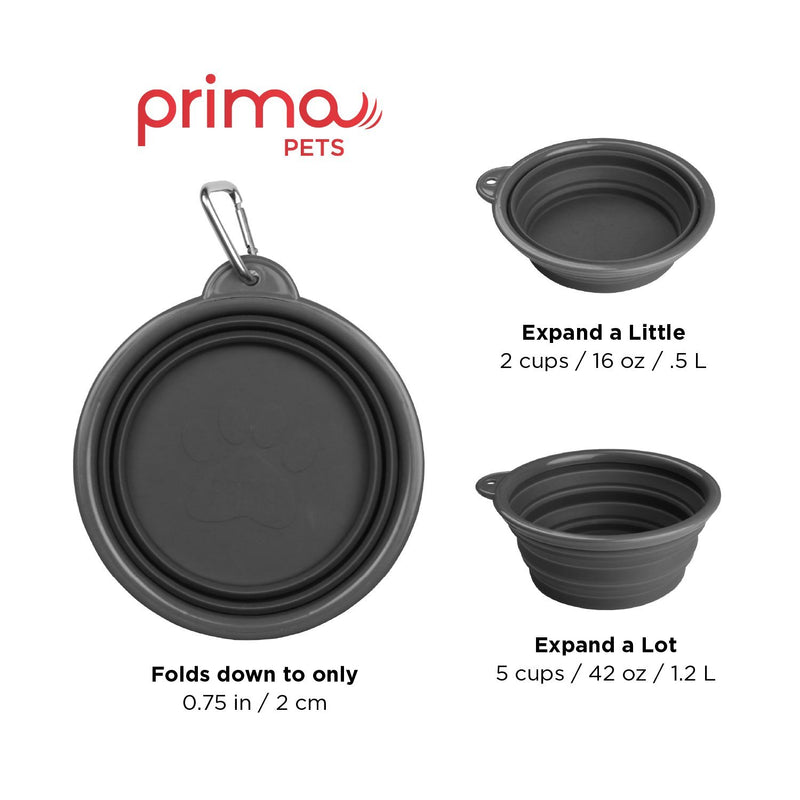 [Australia] - Prima Pets Collapsible Silicone Food & Water Travel Bowl with Clip for Dog and Cat, Small (1.5 Cups) & Large (5 Cups) LARGE (5 CUPS) - 2 PACK GREY 