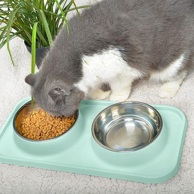 L.D.Dog Cat Food Bowls, Cat Bowls Non-Skid and Non-Spill Silicone Mats with Stand, Removable Stainless Steel Food and Water Dishes for Cats, Small Size Dogs… Aquamarine - PawsPlanet Australia