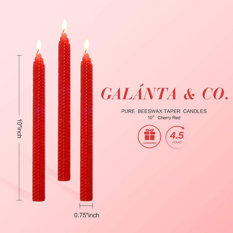 100% Pure Beeswax Handmade Taper Candles (Cherry Red) - 10 Inch Smokeless Dripless Pair - Natural Subtle Honey Smell - Elegant Honeycomb Design by Galanta & Co. - PawsPlanet Australia