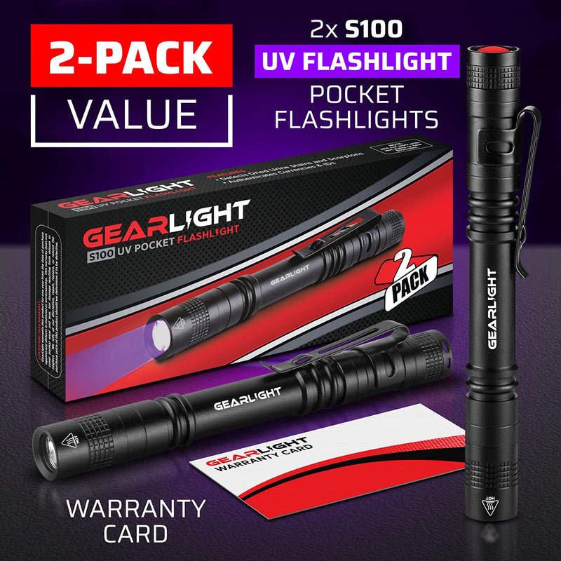 GearLight UV Black Light Flashlight S100 [2 Pack] - Mini Blacklight Ultraviolet Pen Lights for Leak and Hotel Inspection - Pet Urine, Bed Bug, Scorpion, Stain, and Dye Detector - PawsPlanet Australia