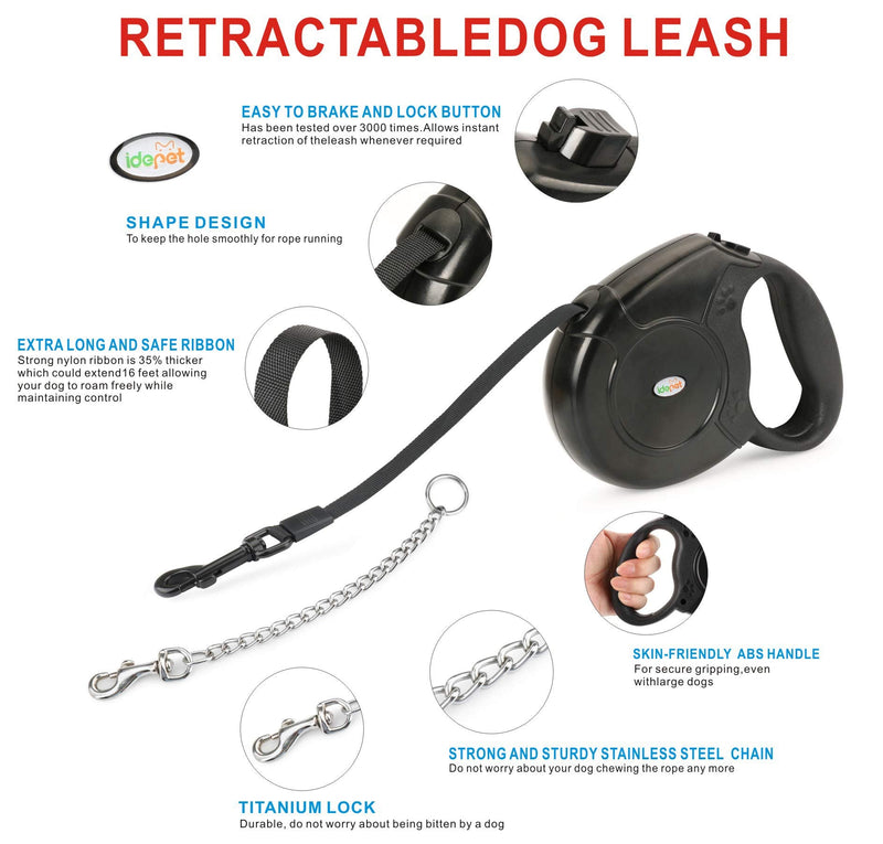 Idepet Retractable Heavy Duty Dog Lead for Small and Medium Dogs, Chain-Serrated Steel Chain Design, 360° Tangle-Free, Break & Lock System, 16 Foot Lead Black - PawsPlanet Australia