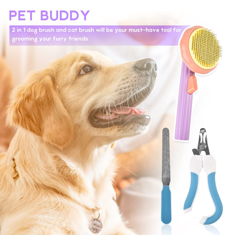 Dog or cat grooming brush for long or short haired cats, cat brush with nail clippers and files, cat comb for kittens, puppy massage, removes tangles and loose fur - PawsPlanet Australia