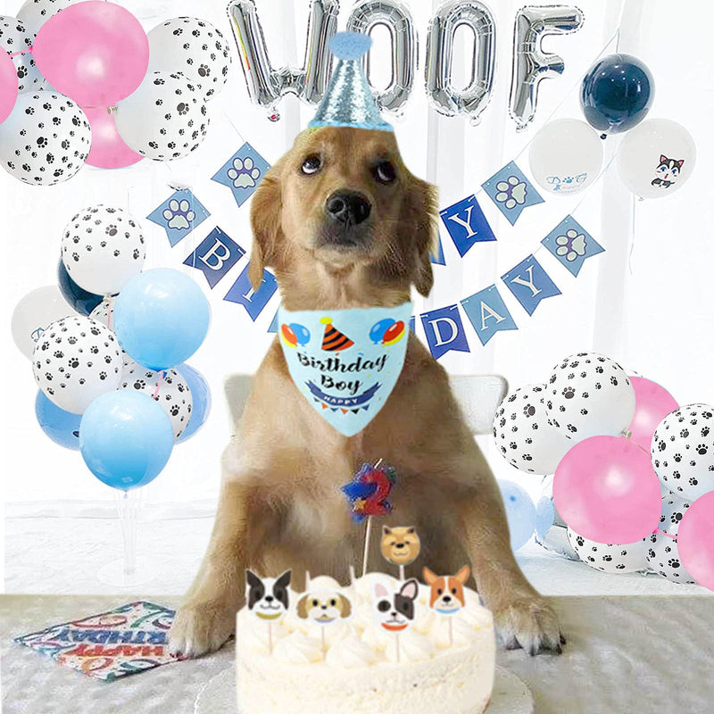 Dog Birthday Party Supplies,Dog Birthday Bandana Hat Set,Bandana, Happy Birthday Banner,Triangle Scarf,12 Inch Paw Print Balloon,Cute Bowtie for Pet Boy/Girl, Party Accessories (blue) blue - PawsPlanet Australia