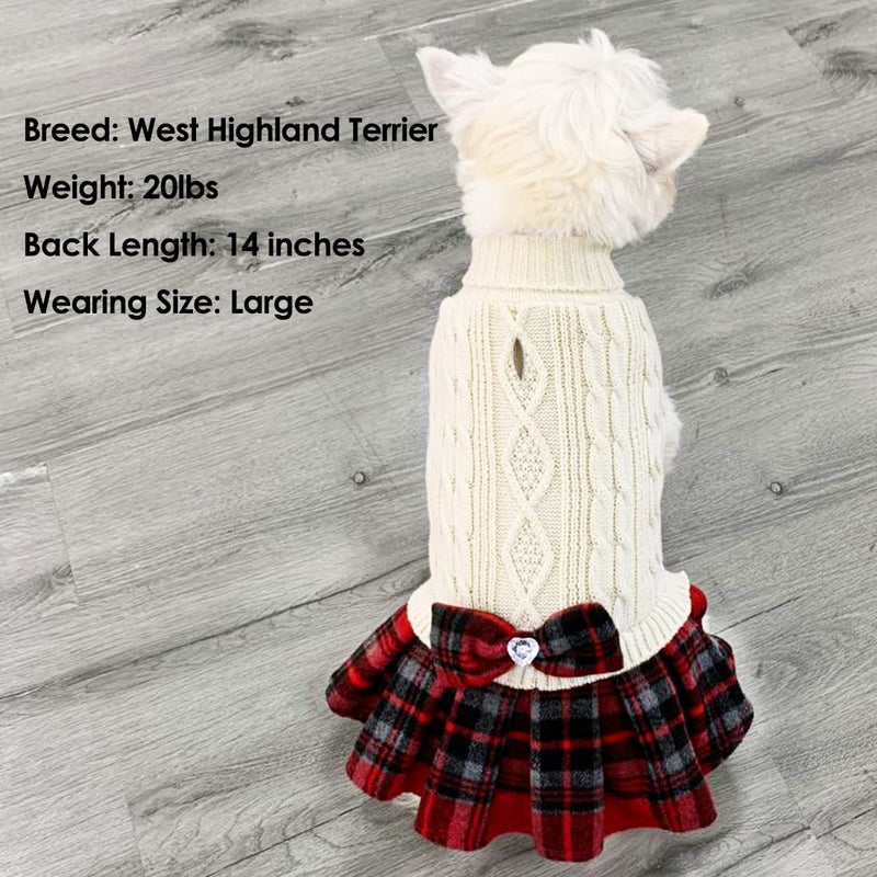 KYEESE Dog Sweater Dress with Leash Hole Plaid with Bowtie Turtleneck Dog Pullover Knitwear Pet Sweater Warm for Fall Winter X-Small (Pack of 1) Beige - PawsPlanet Australia