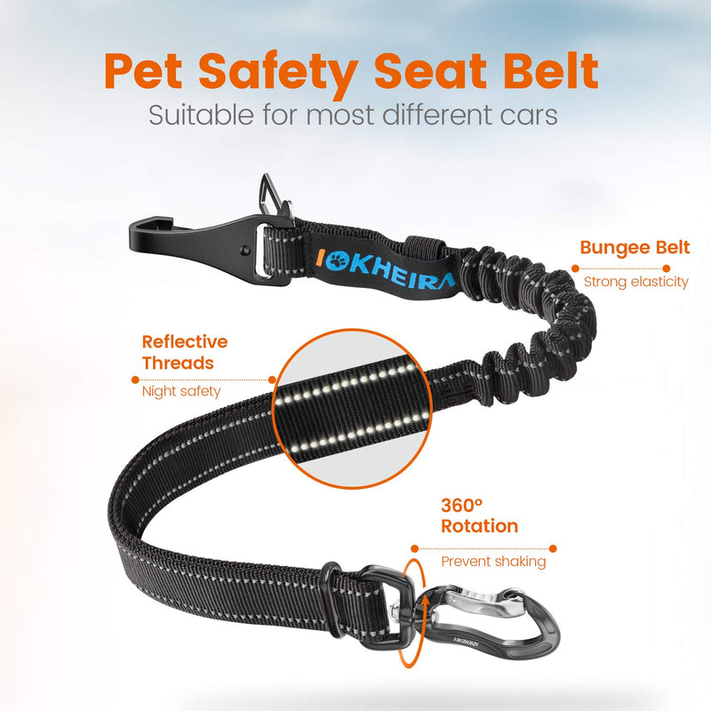 [Australia] - IOKHEIRA Dog Seat Belt, Updated 3-in-1 Multifunctional Pet Safety Belt Reflective Bungee Dog Car Harness with Hook Latch & Seatbelt Buckle, Swivel Aluminum Carabiner Black Single Leash 