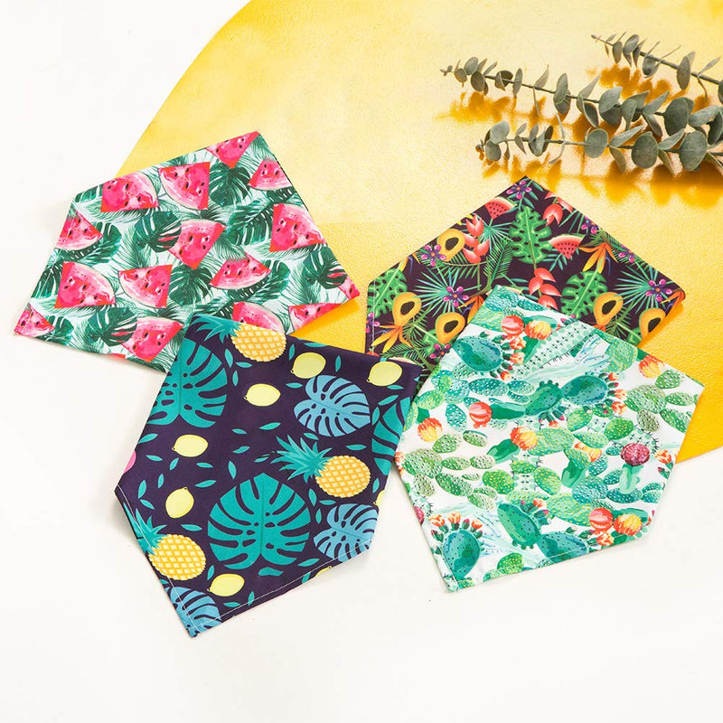 CUTEFURRY Tropical Style Dog Bandanas 4 Pack for Summer, Adjustable Breathable Polyester Pet Triangle Scarf with Cute Patterns, Cactus, Watermelon, Papaya, Lemon, Leaf - PawsPlanet Australia