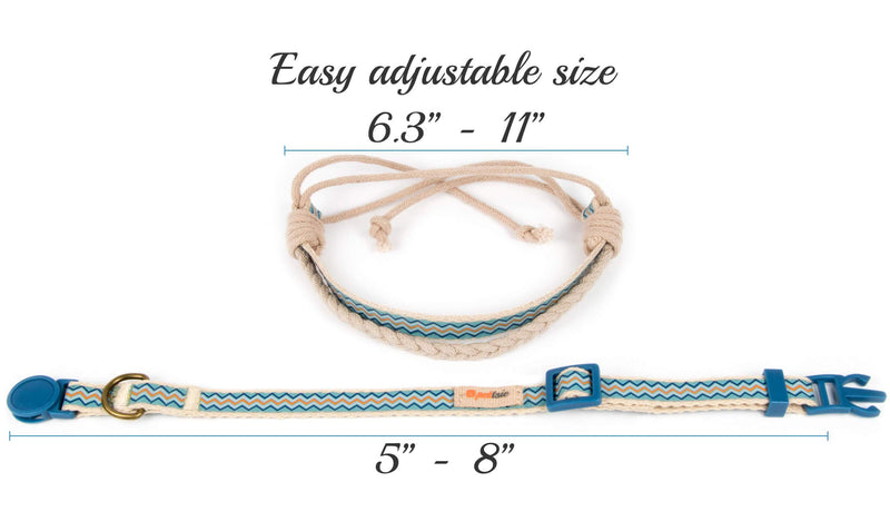 [Australia] - Pettsie Cat Kitten Collar Breakaway Safety and Friendship Bracelet for You, Durable 100% Cotton for Extra Safety, Easy Adjustable, D-Ring for Accessories, Gift Box Included 5"-8" Neck Blue 