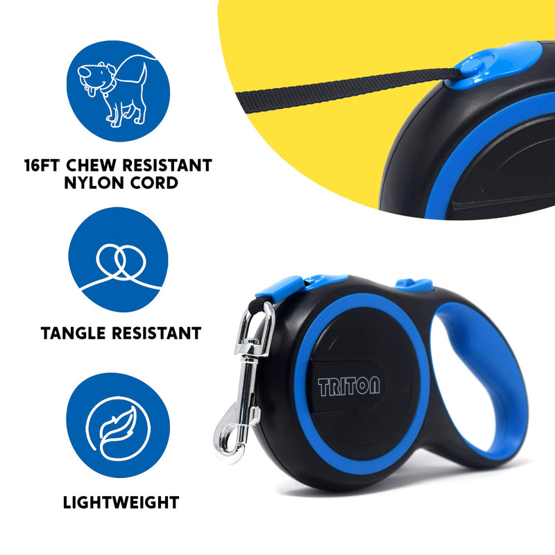 [Australia] - Triton Retractable Dog Leash - 16 ft Reinforced Nylon Ribbon with Collapsible Water Bowl, One Touch Locking System, Tangle-Free, Anti-Slip Rubberized Handle 