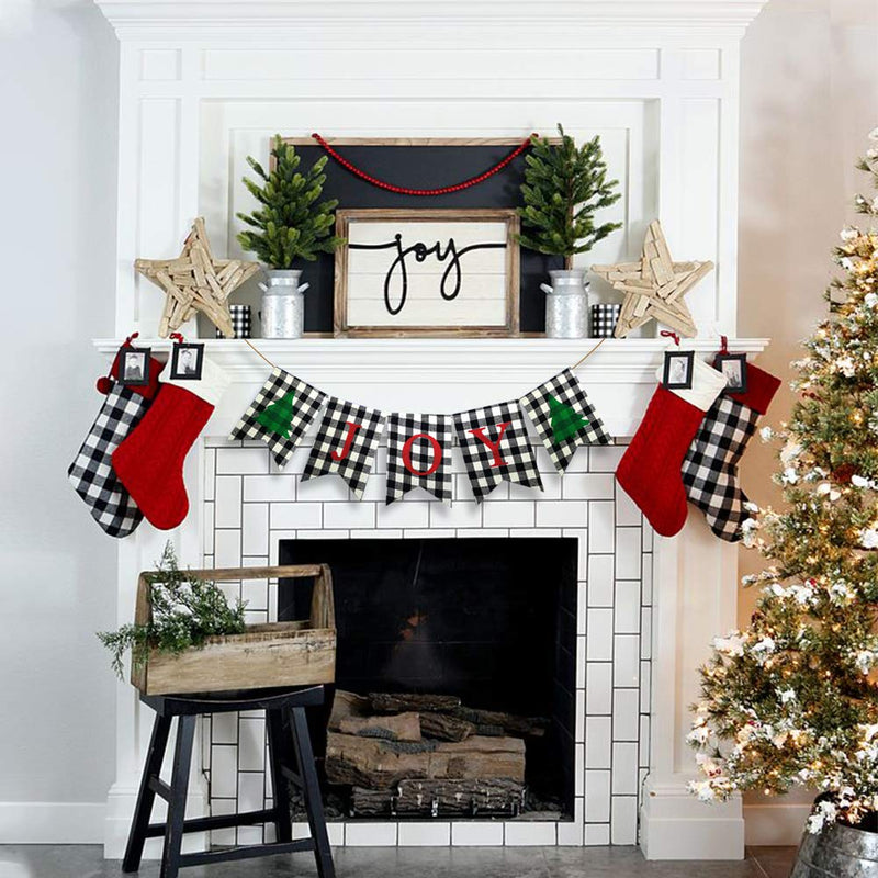 Christmas Joy Banner Decoration Buffalo Check Plaid Xmas Sign Holiday Photo Props Garland Home Mantel Hanging Supplies - PawsPlanet Australia