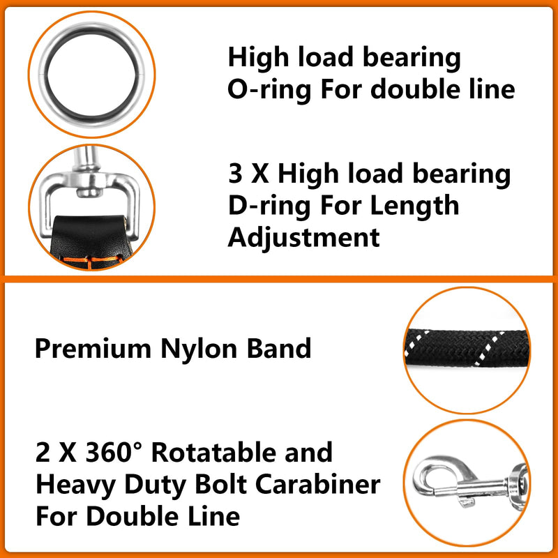 Dog leash 3 m adjustable for large and medium-sized dogs, adjustable double leash made of nylon with 2 carabiner hooks and 3 rings, dog leash 14 mm (black) - PawsPlanet Australia