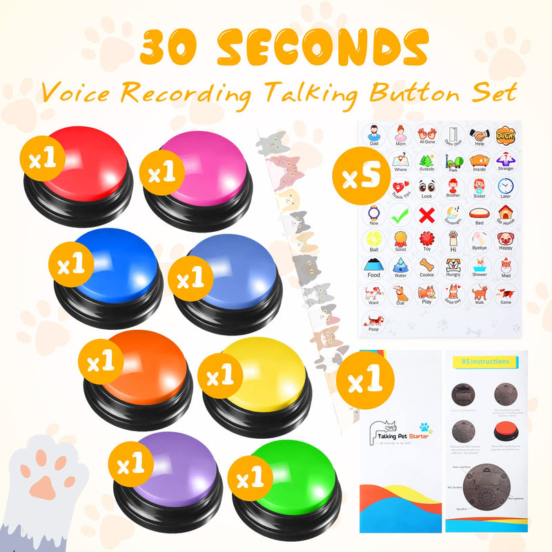 8 Colors Dog Buttons for Communication Dog Talking Button Set Voice Recording Button Dog Training Buzzer with 215 Pcs Stickers 30 Seconds Recordable Pet Funny Gift for Cat Pet Dog Training Button - PawsPlanet Australia