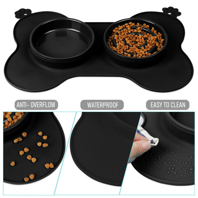 gootrades Foldable 2 Cups Slow Feeder Dog Bowl 3 in 1 ,to Slow Down Eating for Large Small Dogs, with No-Spill Non-Skid Silicone Mat Stainless Steel Water Bowl (Black) Black - PawsPlanet Australia