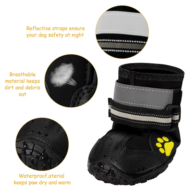 BAOWI Dog Boots, Waterproof Dog Shoes with Reflective and Rugged Anti-Slip Sole,Outdoor Walking Running Pet Paw Protector for Summer and Winter(4PCS,Black) size 5: 2.7"x2.3"(L*W) - PawsPlanet Australia