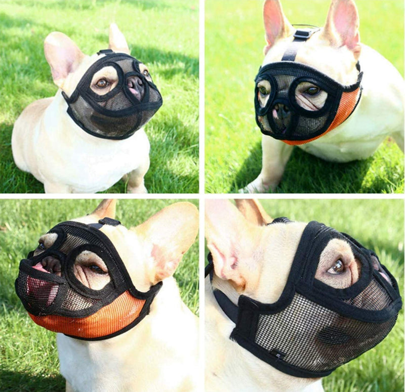 Short Snout Dog Muzzle Breathable Mesh Bulldog Muzzle Adjustable Dog Mouth Cover British French Bulldog Muzzle with Flattened to Prevent Biting Barking Chewing Dog Muzzle for Small Medium Large Dogs XS(28-36cm) Black - PawsPlanet Australia