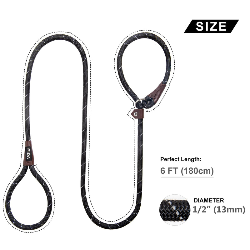 Fida Durable Slip Lead Dog Leash, Heavy Duty 1/2" x 6 FT Comfortable Strong Rope Slip Leash for Large, Medium & Small Dogs No Pulling Pet Training Leash with Highly Reflective Threads Large(1/2"-6ft) Black - PawsPlanet Australia