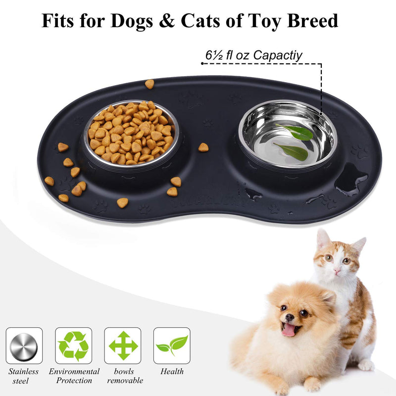 Vivaglory Dog Bowls Set with Double Stainless Steel Feeder Bowls and Wider Non Skid Spill Proof Silicone Mat for Cats Puppies Dogs 6½ oz ea. Black - PawsPlanet Australia