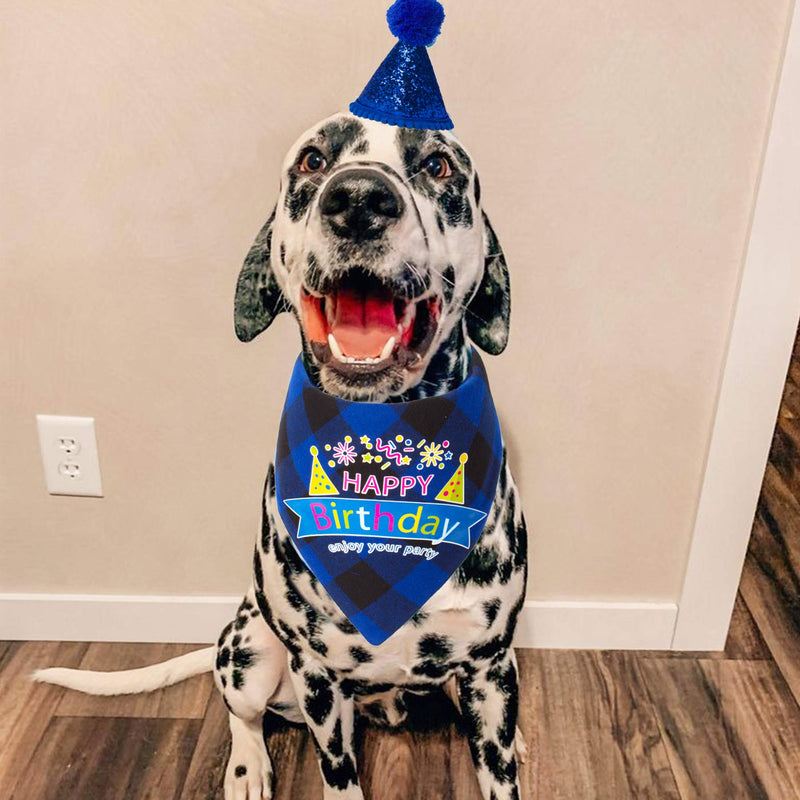 Dog Birthday Boy Bandana Hat Set, Dog Birthday Party Supplies, Plaid Birthday Dog Bandana and Cute Dog Birthday Hat for Small Medium Large Dogs (Blue) Blue - PawsPlanet Australia