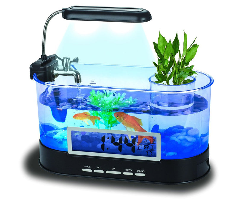 [Australia] - QTMY Mini Desktop Aquariums Fish Tank with LED Light Pen Holder Alarm Clock Office Decoration,Black 