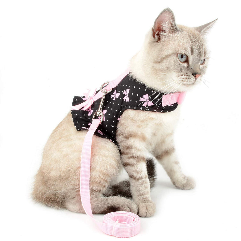 SMALLLEE_LUCKY_STORE Bow Flower Print Cat and Small Dog Harness Dress with Leash for Girls Adjustable No Pull Escape Proof Soft Walking Jacket Waterproof Puppies Kitten Harness Vest Outdoor XS(chest 12-13.5") black bows - PawsPlanet Australia