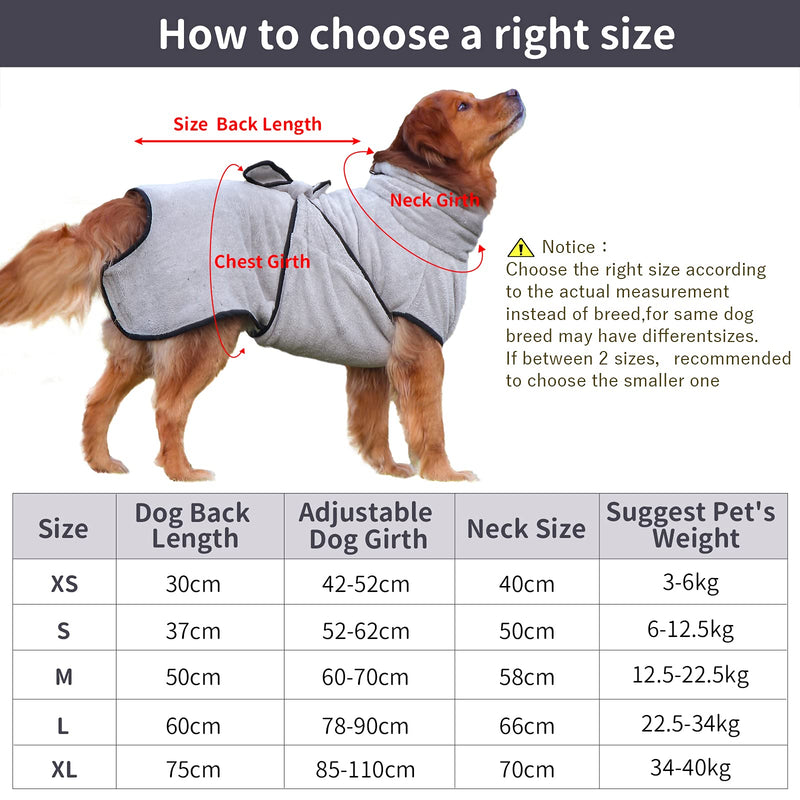 PETTOM Dog Drying Coats Grey Microfibre Absorb Moisture Dog Bathrobe, Dry Pet Quickly Adjustable Puppy Towelling Robe - 30cm Back Length for Small Dogs XS - PawsPlanet Australia