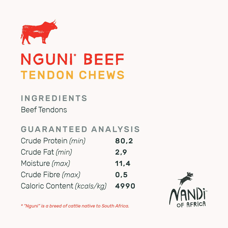 Nandi All Natural South African Nguni Beef Tendon Chews, 100g, Single Ingredient, Maintains Dental Hygiene, Sustainably Sourced, Supplements Raw Fed Diets - PawsPlanet Australia