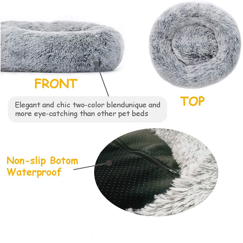 Calming Dog Bed&Cat Bed,Anti-Anxiety Donut Pet Cuddler Bed，Fluffy Faux Fur Puppy Bed, Soft Round Plush Sofa for Dogs,Removable Inner Cushion,Washable Non-Slip Bottom Grey S 20"x20" Small 20"x20"x8" - PawsPlanet Australia